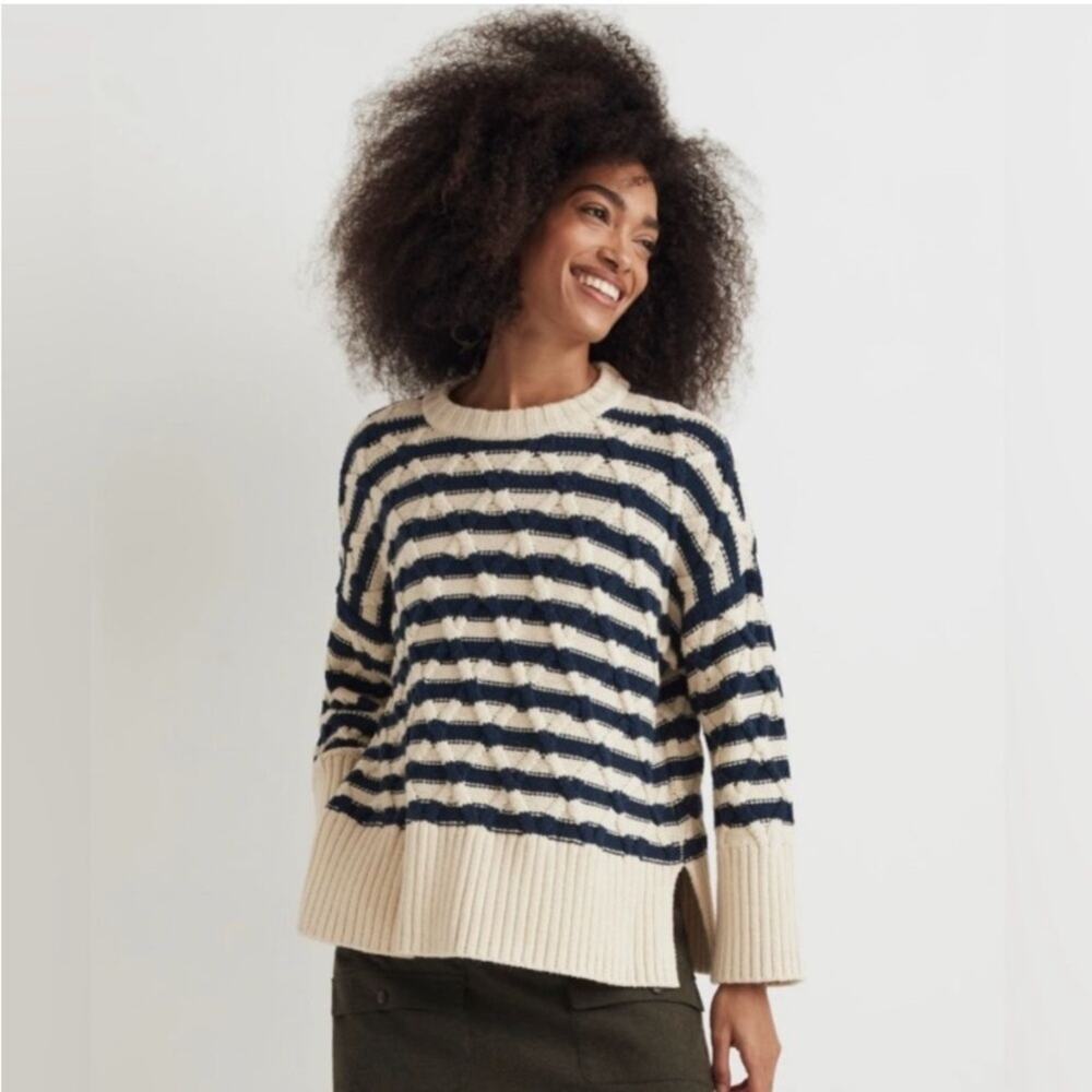 Madewell Navy Cream Stripe Cable Knit Oversized Crew Neck Sweater Small